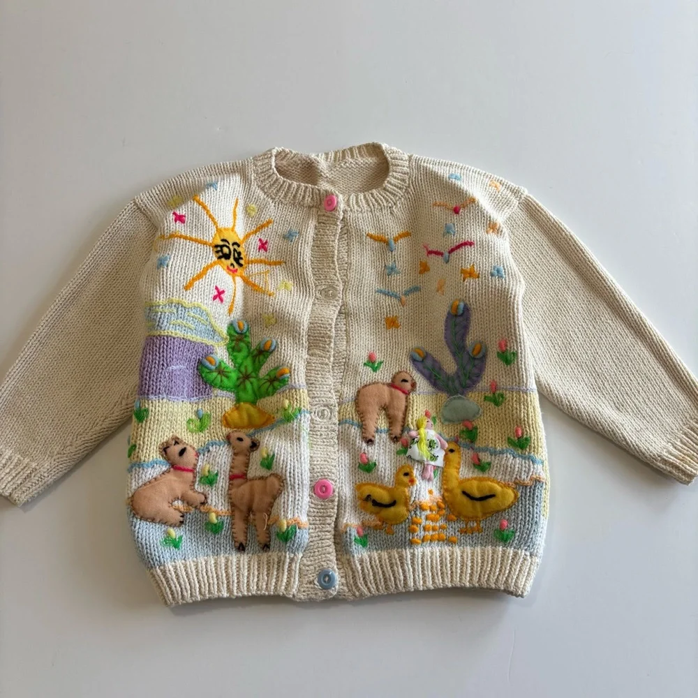 BN1 Cottagecore Handmade Colorful Animal Embroidered Cardigan‎ Girls